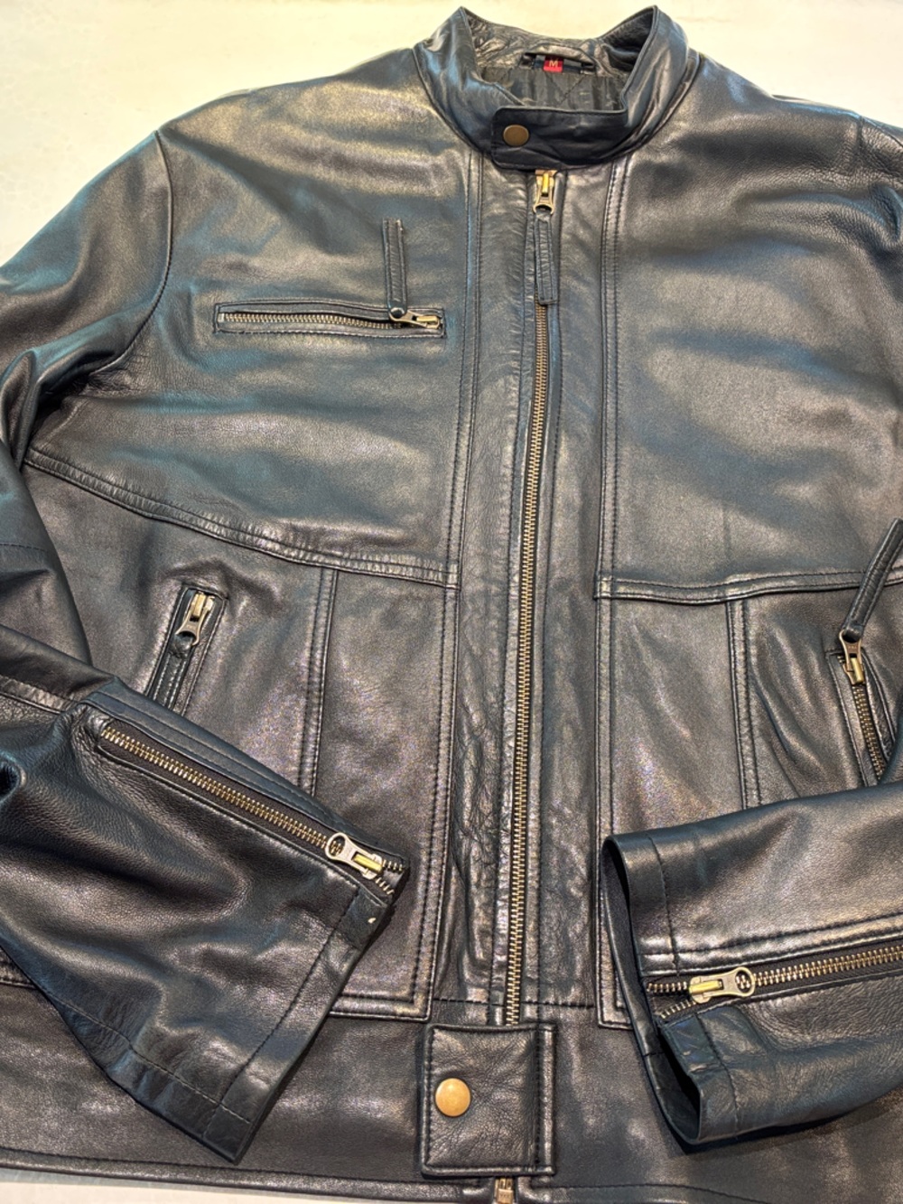 Men's Black Leather Bomber Jacket with Zip Details